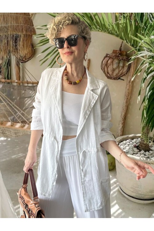 Mosas Büzgü Detaylı Pamuklu Tasarım Ceket Beyaz