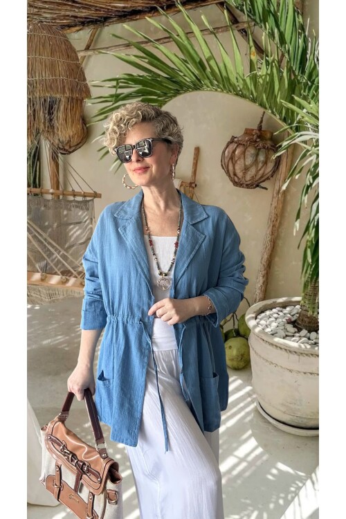 Mosas Büzgü Detaylı Pamuklu Tasarım Ceket İndigo