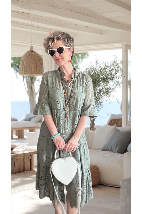 Nessi İtalyan Brode Gömlek Elbise Haki Yeşil