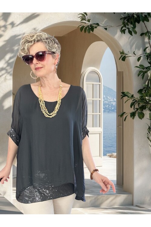 Notte İthal Pul Payetli İpek Bluz Antrasit