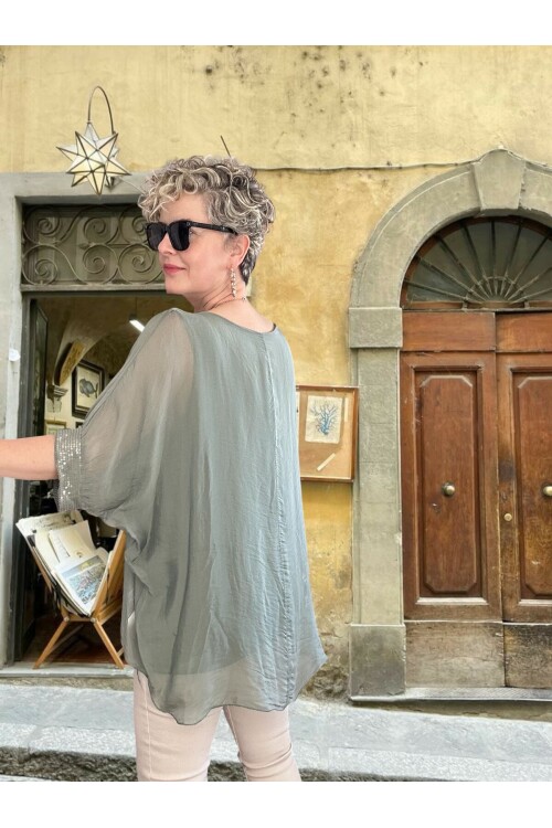 Notte İthal Pul Payetli İpek Bluz Haki