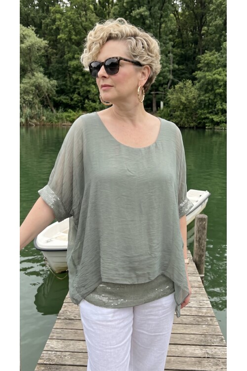 Notte İthal Pul Payetli İpek Bluz Haki