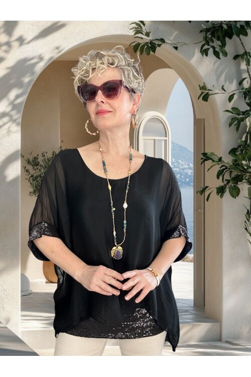 Notte İthal Pul Payetli İpek Bluz Siyah