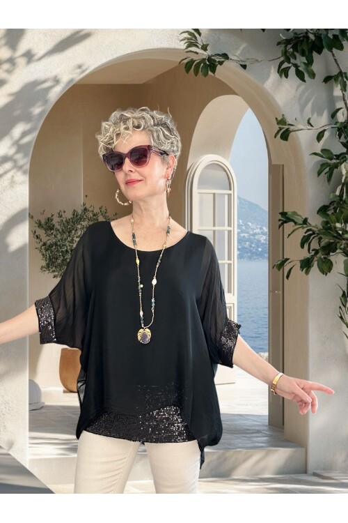 Notte İthal Pul Payetli İpek Bluz Siyah