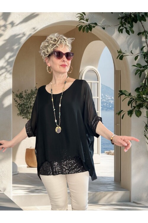 Notte İthal Pul Payetli İpek Bluz Siyah