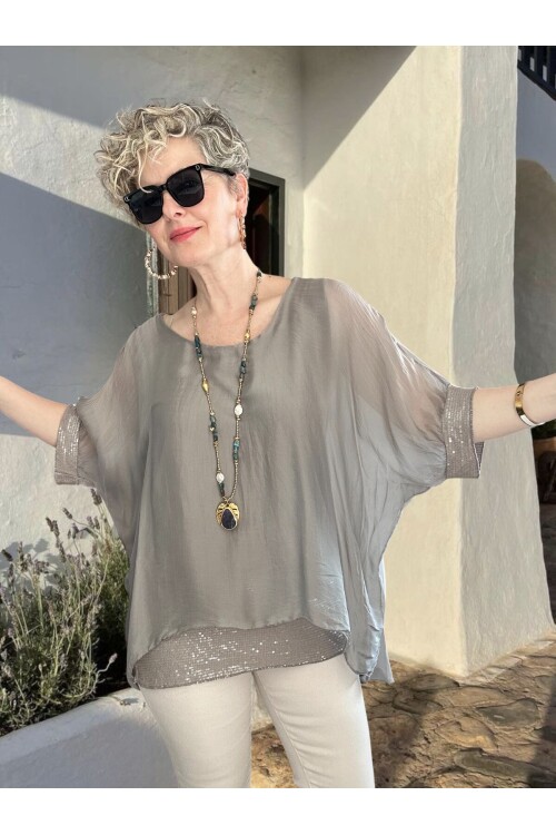 Notte İthal Pul Payetli İpek Bluz Vizon