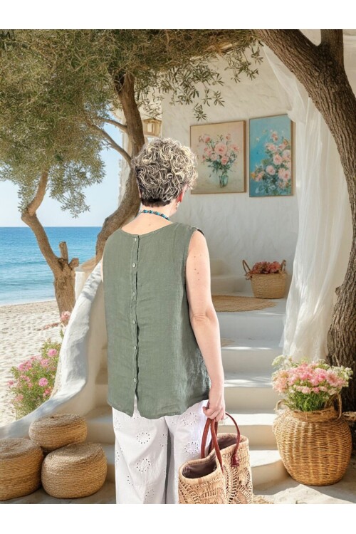 Nuvvo İthal %100 Linen Sırt Düğmeli Asimetrik Bluz Haki