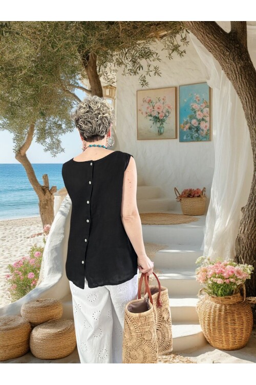 Nuvvo İthal %100 Linen Sırt Düğmeli Asimetrik Bluz Siyah