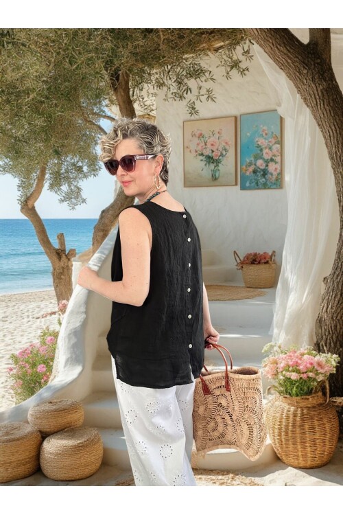 Nuvvo İthal %100 Linen Sırt Düğmeli Asimetrik Bluz Siyah