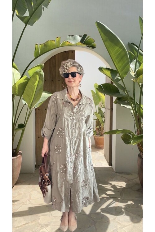 Orro İtalyan Nakışlı Payet Detaylı Gömlek Elbise Kap Fango