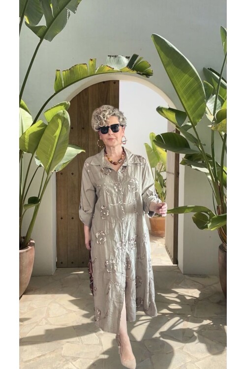 Orro İtalyan Nakışlı Payet Detaylı Gömlek Elbise Kap Fango