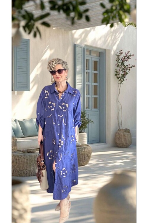 Orro İtalyan Nakışlı Payet Detaylı Gömlek Elbise Kap Viola