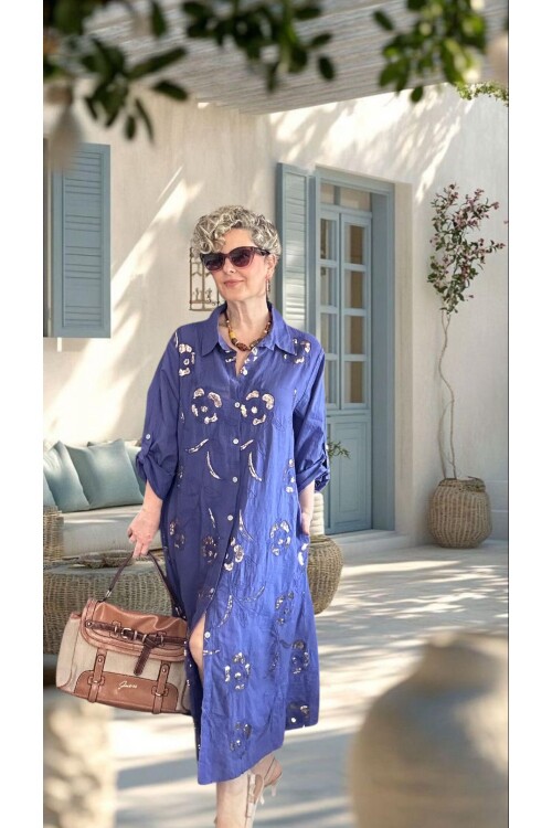 Orro İtalyan Nakışlı Payet Detaylı Gömlek Elbise Kap Viola