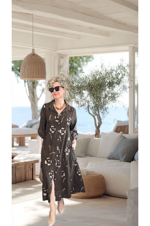 Orro İtalyan Nakışlı Payet Detaylı Gömlek Elbise Kap Kahve