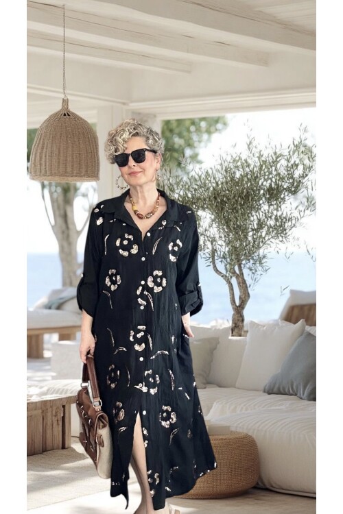 Orro İtalyan Nakışlı Payet Detaylı Gömlek Elbise Kap Siyah