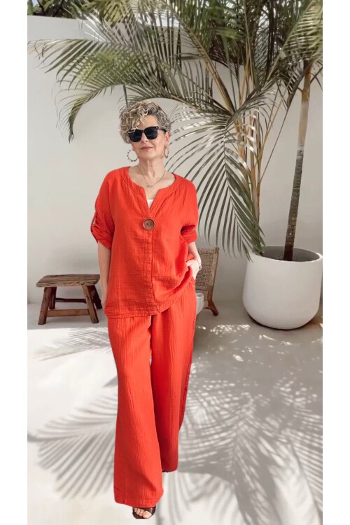 Passero Müslin Tahta Düğmeli Bluz Pantolon Takım Kiremit