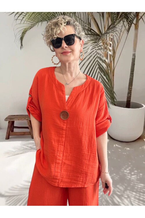 Passero Müslin Tahta Düğmeli Bluz Pantolon Takım Kiremit