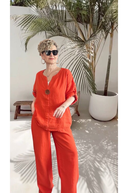 Passero Müslin Tahta Düğmeli Bluz Pantolon Takım Kiremit