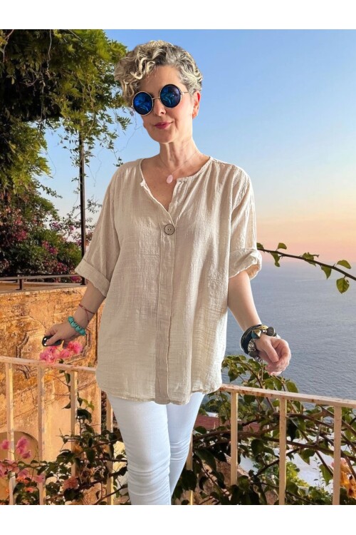 Peppino İtalyan Tahta Düğme Detay Bluz Bej