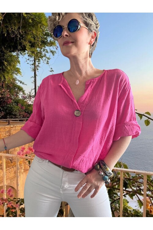 Peppino İtalyan Tahta Düğme Detay Bluz Fuşya