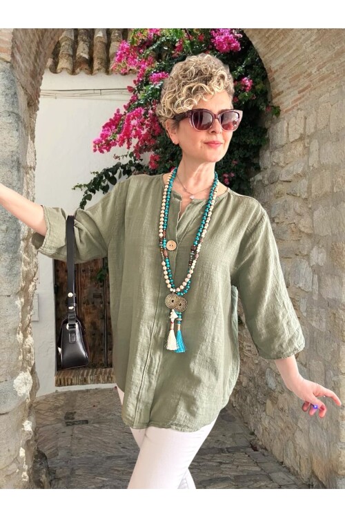 Peppino İtalyan Tahta Düğme Detay Bluz Haki