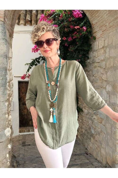 Peppino İtalyan Tahta Düğme Detay Bluz Haki