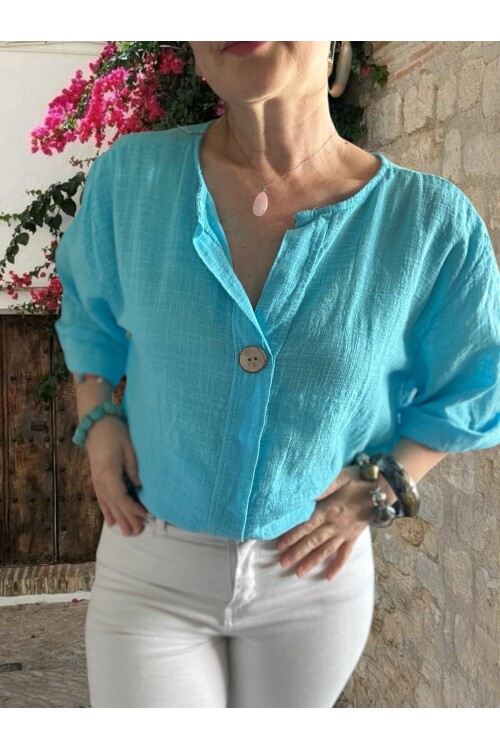 Peppino İtalyan Tahta Düğme Detay Bluz Turkuaz