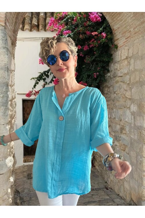 Peppino İtalyan Tahta Düğme Detay Bluz Turkuaz