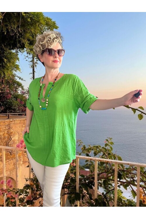 Peppino İtalyan Tahta Düğme Detay Bluz Yeşil