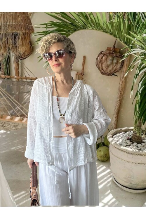 Pirlo İtalyan Pul Detaylı Kapüşonlu File Ceket Beyaz