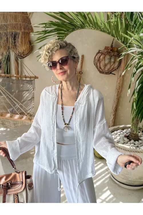 Pirlo İtalyan Pul Detaylı Kapüşonlu File Ceket Beyaz