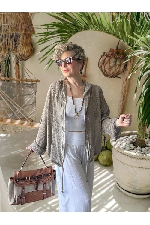 Pirlo İtalyan Pul Detaylı Kapüşonlu File Ceket Vizon