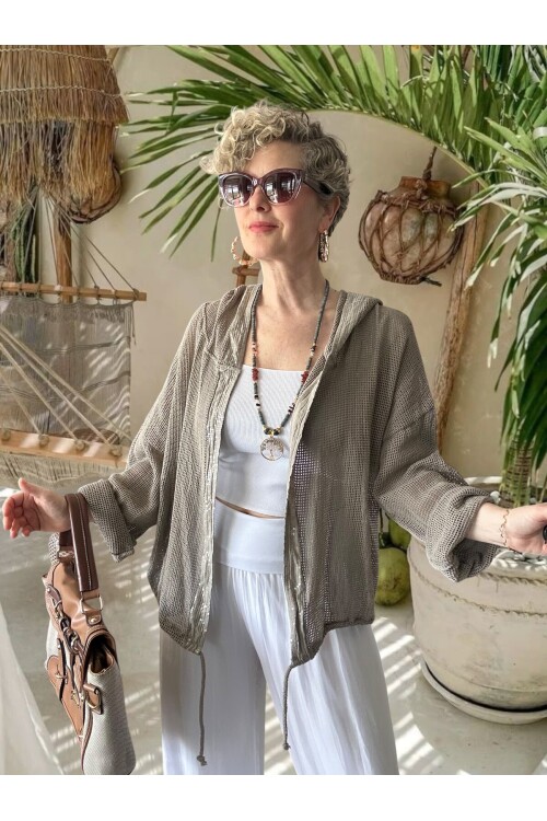 Pirlo İtalyan Pul Detaylı Kapüşonlu File Ceket Vizon