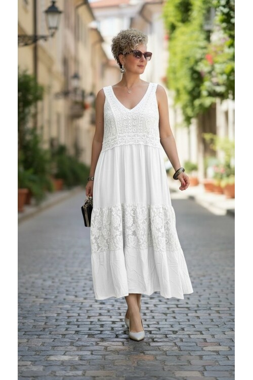 Pizzo İtalyan Brode İşlemeli Elbise Beyaz