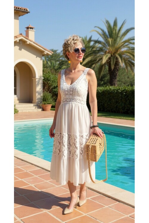 Pizzo İtalyan Brode İşlemeli Elbise Beyaz