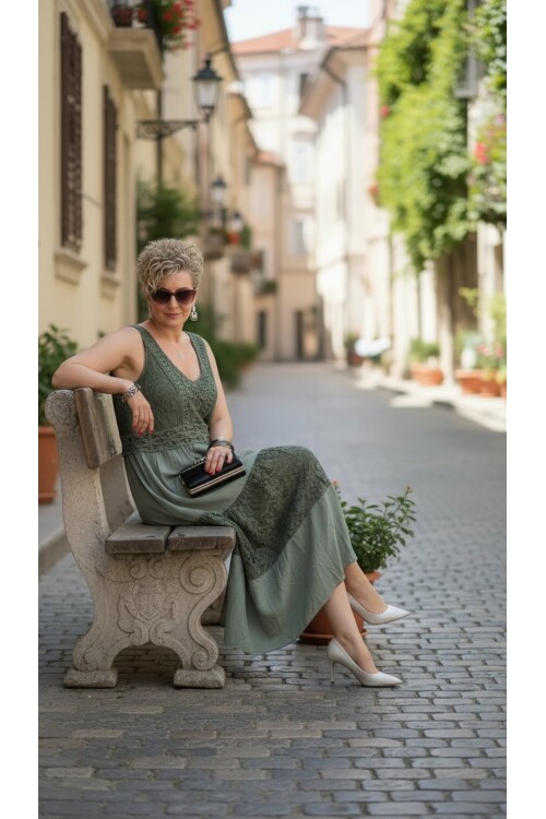 Pizzo İtalyan Brode İşlemeli Elbise Haki