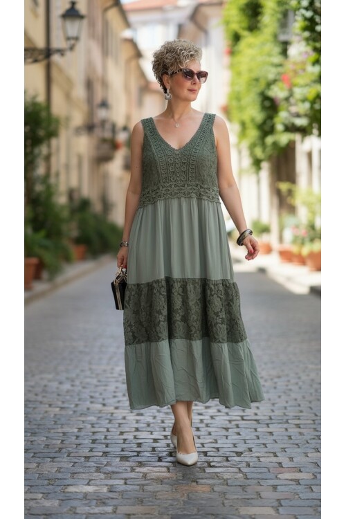 Pizzo İtalyan Brode İşlemeli Elbise Haki