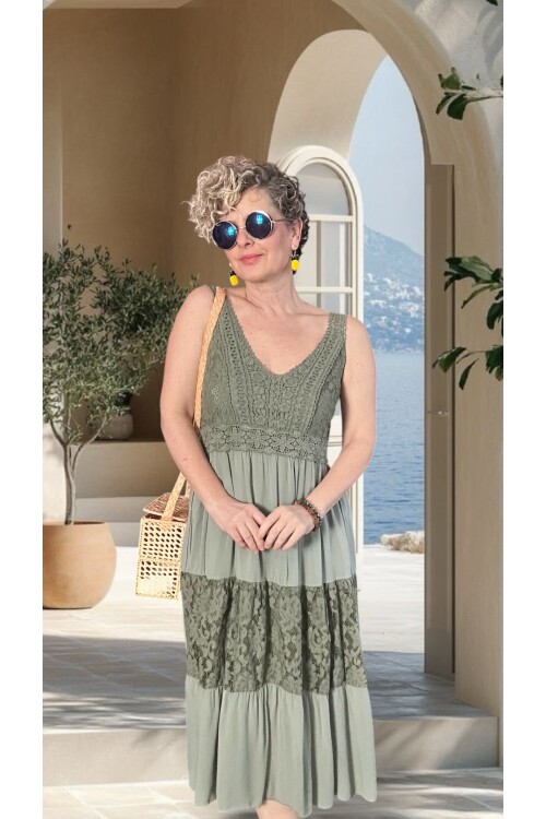 Pizzo İtalyan Brode İşlemeli Elbise Haki