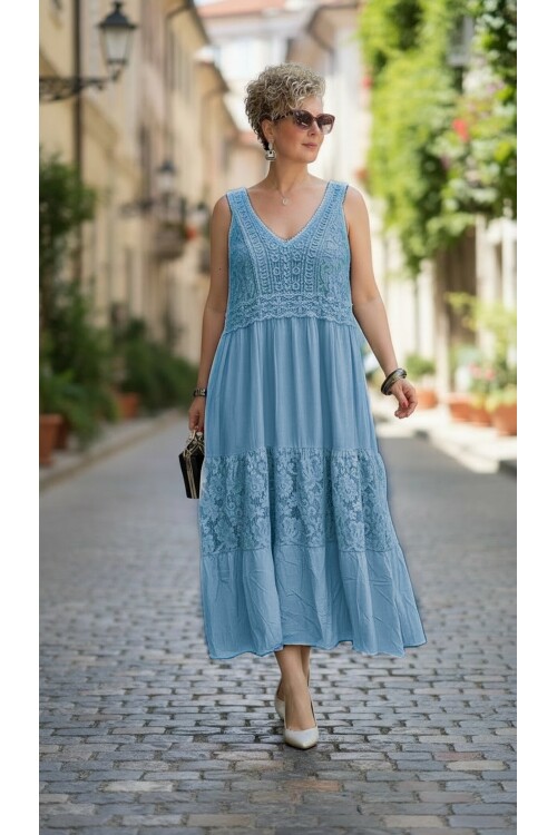 Pizzo İtalyan Brode İşlemeli Elbise İndigo