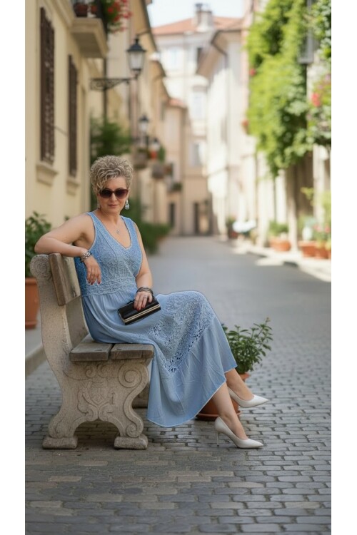 Pizzo İtalyan Brode İşlemeli Elbise İndigo