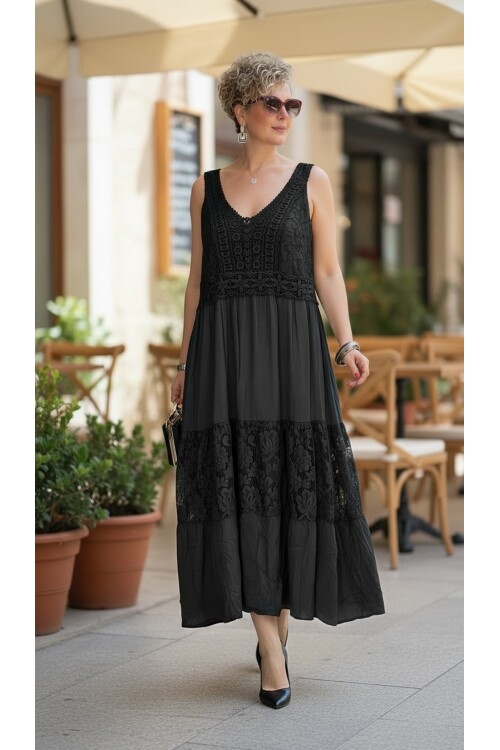 Pizzo İtalyan Brode İşlemeli Elbise Siyah