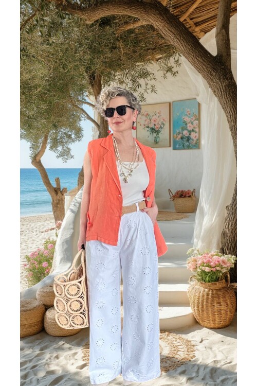 Prato Hasır Kemerli Fisto Nakışlı Pamuk Pantolon Beyaz