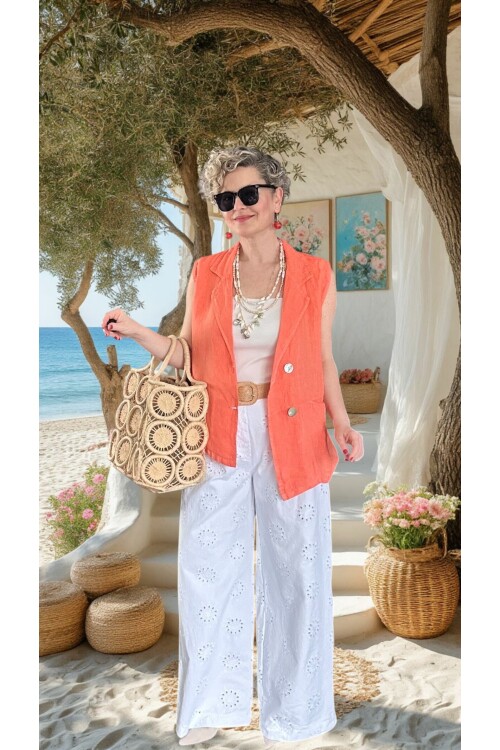 Prato Hasır Kemerli Fisto Nakışlı Pamuk Pantolon Beyaz
