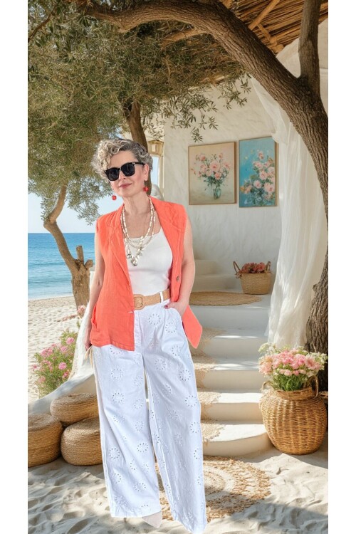 Prato Hasır Kemerli Fisto Nakışlı Pamuk Pantolon Beyaz