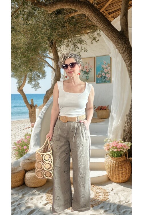 Prato Hasır Kemerli Fisto Nakışlı Pamuk Pantolon Fango