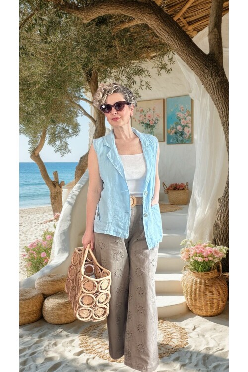 Prato Hasır Kemerli Fisto Nakışlı Pamuk Pantolon Fango