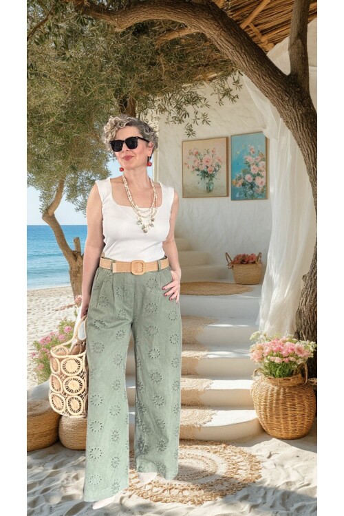 Prato Hasır Kemerli Fisto Nakışlı Pamuk Pantolon Haki