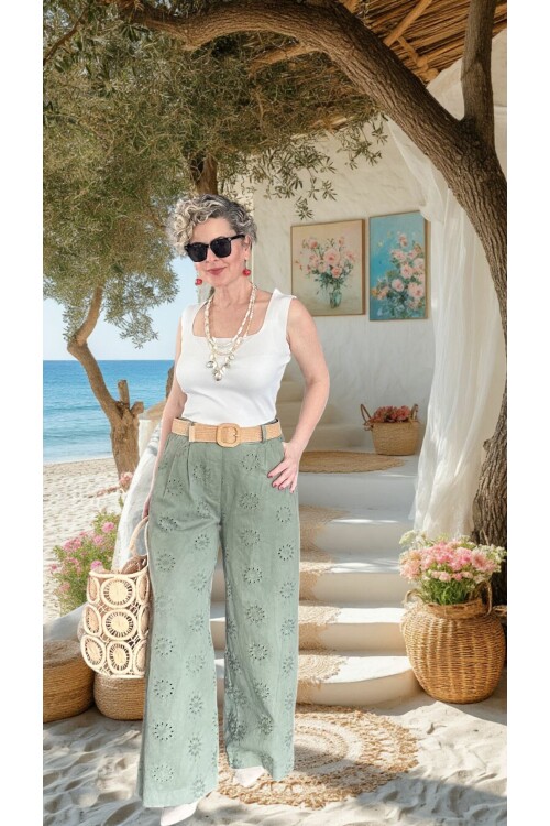 Prato Hasır Kemerli Fisto Nakışlı Pamuk Pantolon Haki