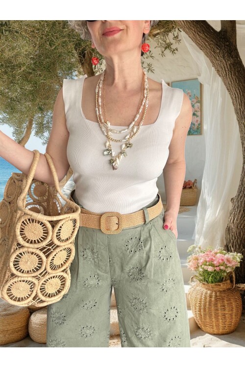 Prato Hasır Kemerli Fisto Nakışlı Pamuk Pantolon Haki