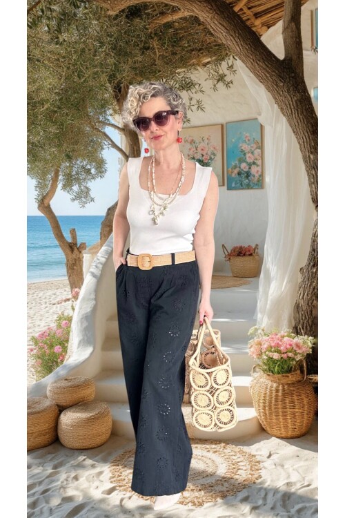 Prato Hasır Kemerli Fisto Nakışlı Pamuk Pantolon Siyah